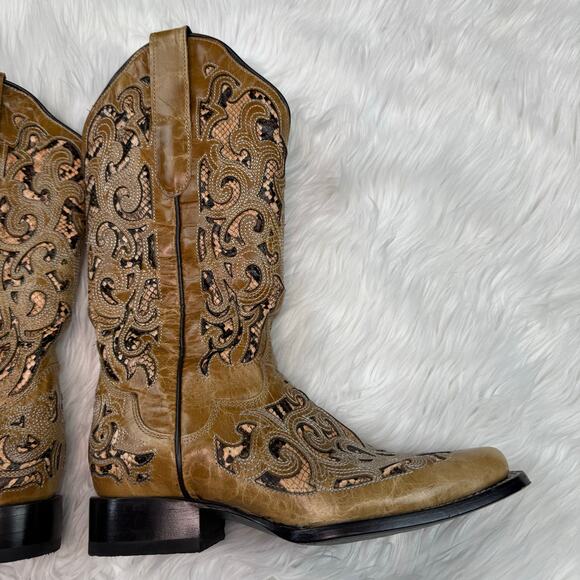 JB Dillon Reserve Women's Brown Cowboy Boots Size 7.5 Snake Print Cutouts - Picture 6 of 16
